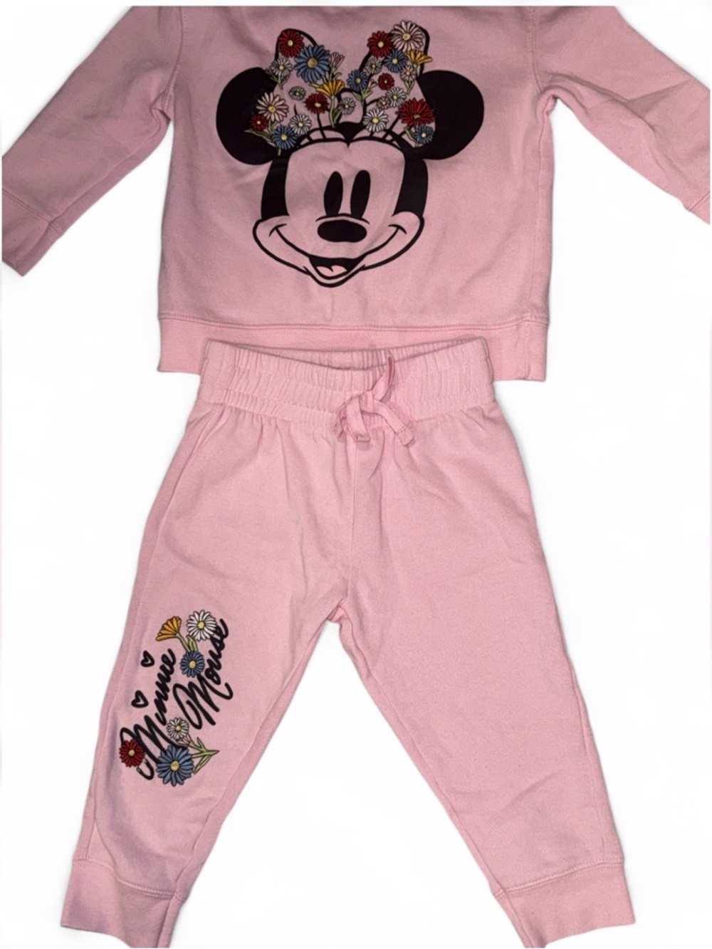 Disney Pink Minnie Mouse Embroidered Flowers Sweatsuit Size 3T
